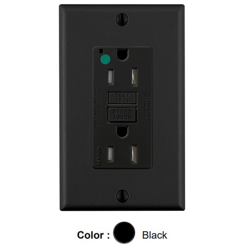 Leviton GFTR1-HGE, SmartlockPro Self-Test GFCI Duplex Receptacle, Tamper-Resistant, LED Power Indication, Extra Heavy-Duty Hospital Grade, Wallplate Included, 15A 125V, NEMA 5-15R, 2-Pole, 3-Wire, Self-Grounding, Black