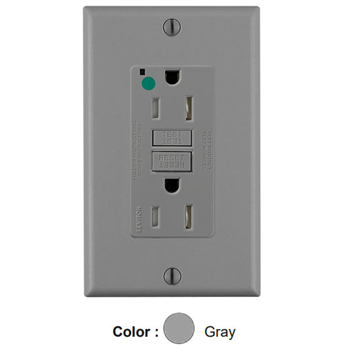 Leviton GFTR1-HGG, SmartlockPro Self-Test GFCI Duplex Receptacle, Tamper-Resistant, LED Power Indication, Extra Heavy-Duty Hospital Grade, Wallplate Included, 15A 125V, NEMA 5-15R, 2-Pole, 3-Wire, Self-Grounding, Gray