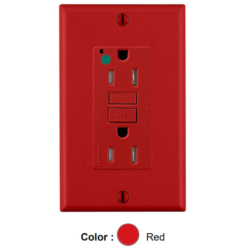 Leviton GFTR1-HGR, SmartlockPro Self-Test GFCI Duplex Receptacle, Tamper-Resistant, LED Power Indication, Extra Heavy-Duty Hospital Grade, Wallplate Included, 15A 125V, NEMA 5-15R, 2-Pole, 3-Wire, Self-Grounding, Red