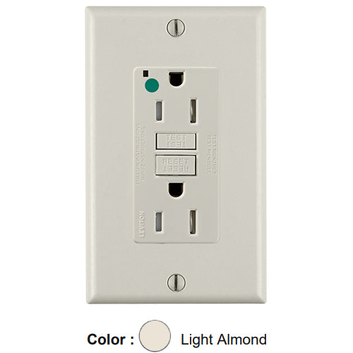 Leviton GFTR1-HGT, SmartlockPro Self-Test GFCI Duplex Receptacle, Tamper-Resistant, LED Power Indication, Extra Heavy-Duty Hospital Grade, Wallplate Included, 15A 125V, NEMA 5-15R, 2-Pole, 3-Wire, Self-Grounding, Light Almond