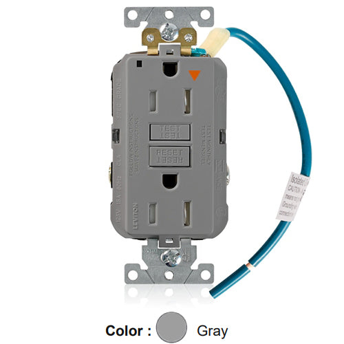 Leviton GFTR1-IGG, SmartlockPro Self-Test GFCI Duplex Receptacle, Tamper-Resistant, LED Power Indication, Isolated Ground, Extra Heavy-Duty Industrial Specification Grade, 15A 125V, NEMA 5-15R, 2-Pole, 3-Wire, Back and Side Wired, Gray