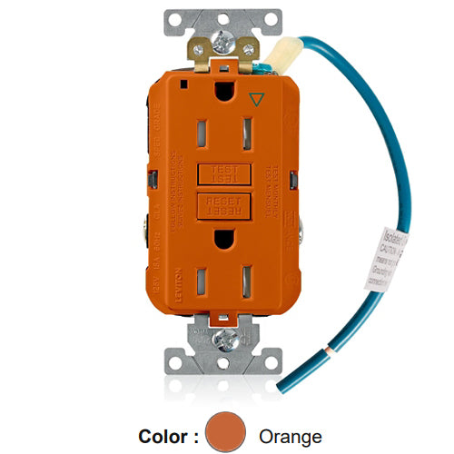 Leviton GFTR1-IGO, SmartlockPro Self-Test GFCI Duplex Receptacle, Tamper-Resistant, LED Power Indication, Isolated Ground, Extra Heavy-Duty Industrial Specification Grade, 15A 125V, NEMA 5-15R, 2-Pole, 3-Wire, Back and Side Wired, Orange