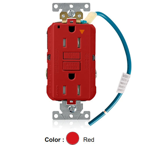 Leviton GFTR1-IGR, SmartlockPro Self-Test GFCI Duplex Receptacle, Tamper-Resistant, LED Power Indication, Isolated Ground, Extra Heavy-Duty Industrial Specification Grade, 15A 125V, NEMA 5-15R, 2-Pole, 3-Wire, Back and Side Wired, Red