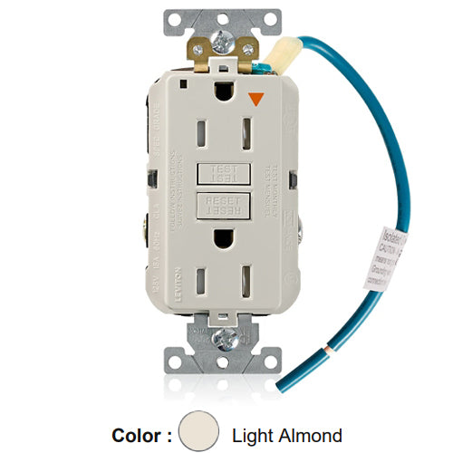 Leviton GFTR1-IGT, SmartlockPro Self-Test GFCI Duplex Receptacle, Tamper-Resistant, LED Power Indication, Isolated Ground, Extra Heavy-Duty Industrial Specification Grade, 15A 125V, NEMA 5-15R, 2-Pole, 3-Wire, Back and Side Wired, Light Almond