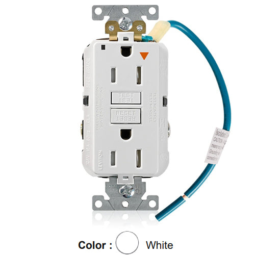 Leviton GFTR1-IGW, SmartlockPro Self-Test GFCI Duplex Receptacle, Tamper-Resistant, LED Power Indication, Isolated Ground, Extra Heavy-Duty Industrial Specification Grade, 15A 125V, NEMA 5-15R, 2-Pole, 3-Wire, Back and Side Wired, White