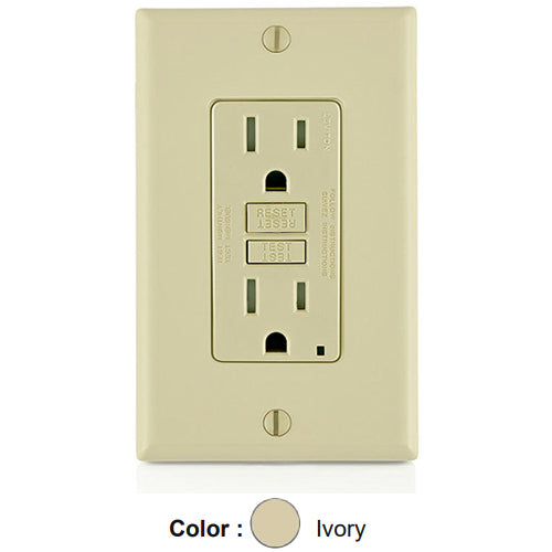 Leviton GFTR1-I, SmartlockPro Tamper-Resistant Slim Self-Test GFCI Duplex Receptacle, LED Indicator Light, 20 Amp Feed-Through, 15A 125V, NEMA 5-15R, Back & Side Wired, Self-Grounding, Ivory
