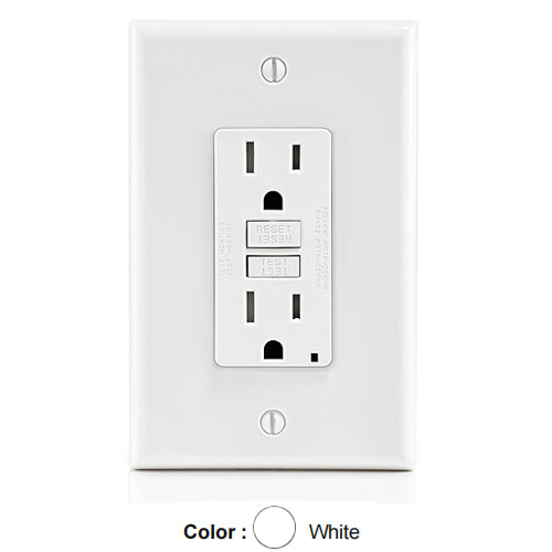 Leviton GFTR1-MW, SmartlockPro Self-Test GFCI Receptacle with Midway Sized Wallplate, Tamper-Resistant, 15A 125V, NEMA 5-15R, 2-Pole, 3-Wire, Back and Side Wired, Self-Grounding, White