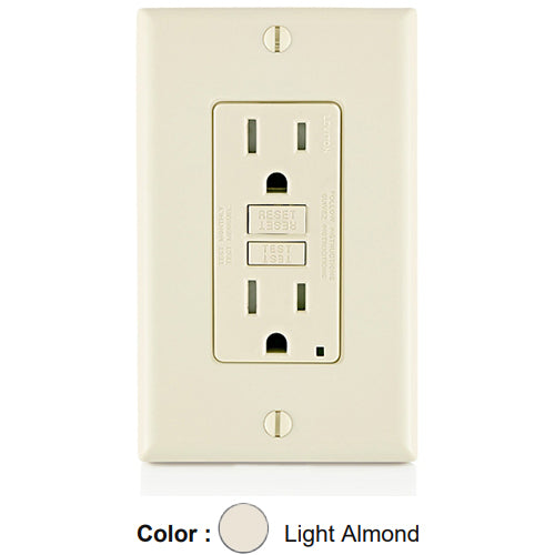 Leviton GFTR1-T, SmartlockPro Tamper-Resistant Slim Self-Test GFCI Duplex Receptacle, LED Indicator Light, 20 Amp Feed-Through, 15A 125V, NEMA 5-15R, Back & Side Wired, Self-Grounding, Light Almond