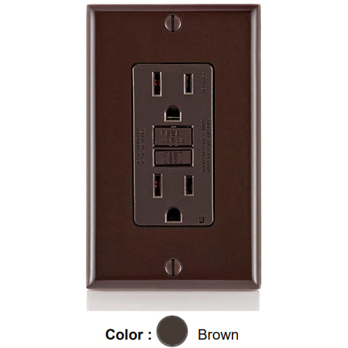 Leviton GFTR1, SmartlockPro Tamper-Resistant Slim Self-Test GFCI Duplex Receptacle, LED Indicator Light, 20 Amp Feed-Through, 15A 125V, NEMA 5-15R, Back & Side Wired, Self-Grounding, Brown