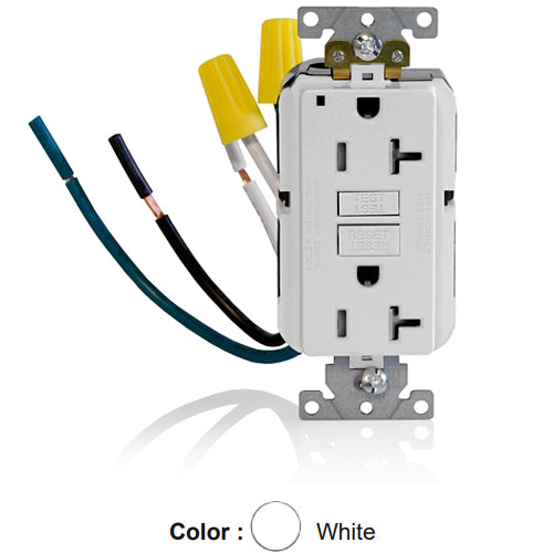 Leviton GFTR2-5LW, SmartlockPro Self-Test GFCI Duplex Receptacle, Tamper-Resistant, LED Power Indication, Extra Heavy-Duty Industrial Specification Grade, 20A 125V, NEMA 5-20R, 2-Pole, 3-Wire, Pre-Wired Leads, White