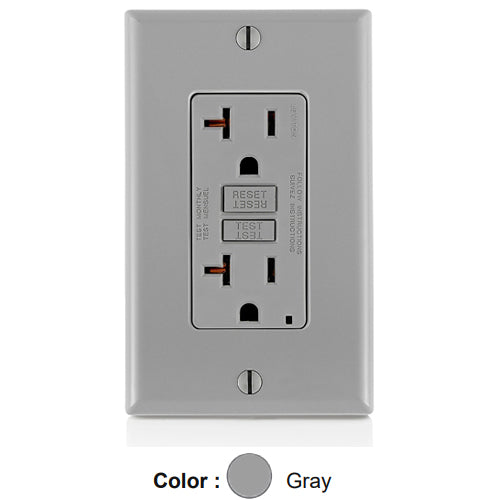 Leviton GFTR2-GY, SmartlockPro Tamper-Resistant Slim Self-Test GFCI Duplex Receptacle, LED Indicator Light, 20 Amp Feed-Through, 20A 125V, NEMA 5-20R, Back & Side Wired, Self-Grounding, Gray