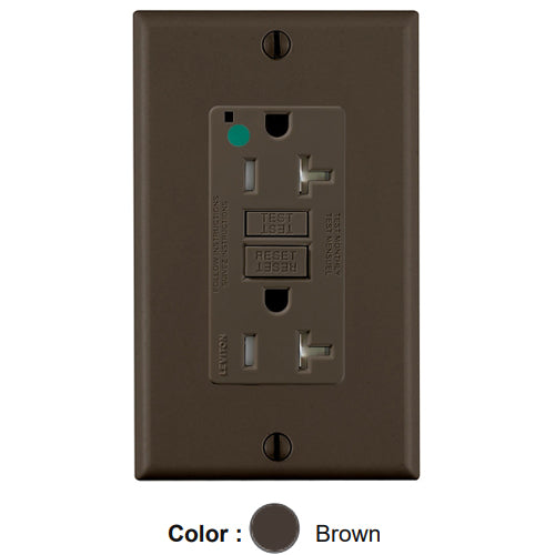 Leviton GFTR2-HG, SmartlockPro Self-Test GFCI Duplex Receptacle, Tamper-Resistant, LED Power Indication, Extra Heavy-Duty Hospital Grade, Wallplate Included, 20A 125V, NEMA 5-20R, 2-Pole, 3-Wire, Self-Grounding, Brown