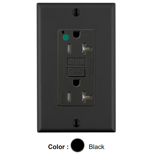 Leviton GFTR2-HGE, SmartlockPro Self-Test GFCI Duplex Receptacle, Tamper-Resistant, LED Power Indication, Extra Heavy-Duty Hospital Grade, Wallplate Included, 20A 125V, NEMA 5-20R, 2-Pole, 3-Wire, Self-Grounding, Black