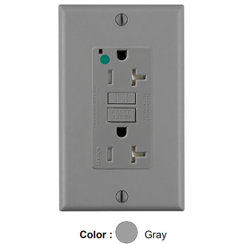 Leviton GFTR2-HGG, SmartlockPro Self-Test GFCI Duplex Receptacle, Tamper-Resistant, LED Power Indication, Extra Heavy-Duty Hospital Grade, Wallplate Included, 20A 125V, NEMA 5-20R, 2-Pole, 3-Wire, Self-Grounding, Gray