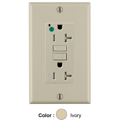 Leviton GFTR2-HGI, SmartlockPro Self-Test GFCI Duplex Receptacle, Tamper-Resistant, LED Power Indication, Extra Heavy-Duty Hospital Grade, Wallplate Included, 20A 125V, NEMA 5-20R, 2-Pole, 3-Wire, Self-Grounding, Ivory