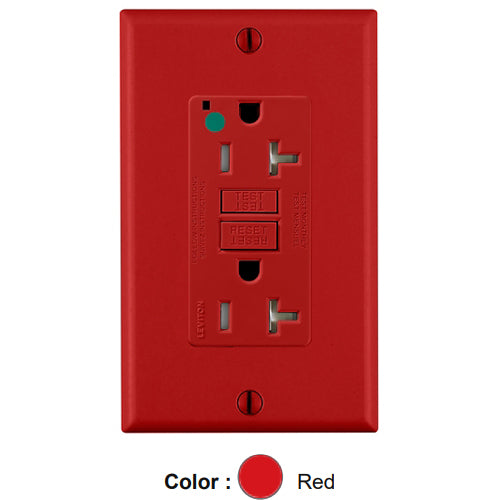 Leviton GFTR2-HGR, SmartlockPro Self-Test GFCI Duplex Receptacle, Tamper-Resistant, LED Power Indication, Extra Heavy-Duty Hospital Grade, Wallplate Included, 20A 125V, NEMA 5-20R, 2-Pole, 3-Wire, Self-Grounding, Red
