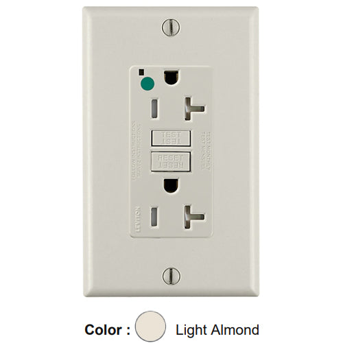Leviton GFTR2-HGT, SmartlockPro Self-Test GFCI Duplex Receptacle, Tamper-Resistant, LED Power Indication, Extra Heavy-Duty Hospital Grade, Wallplate Included, 20A 125V, NEMA 5-20R, 2-Pole, 3-Wire, Self-Grounding, Light Almond