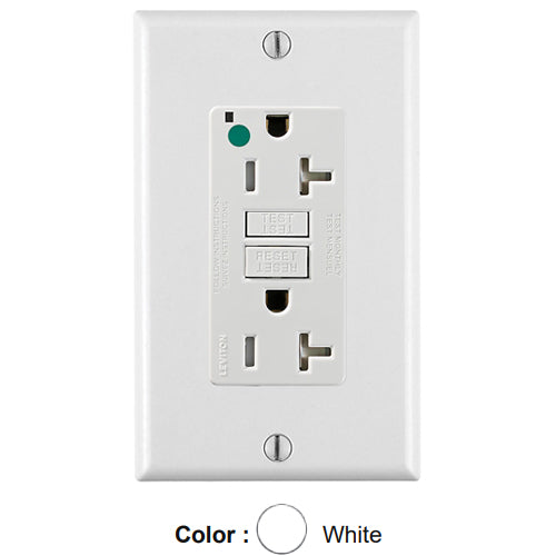 Leviton GFTR2-HGW, SmartlockPro Self-Test GFCI Duplex Receptacle, Tamper-Resistant, LED Power Indication, Extra Heavy-Duty Hospital Grade, Wallplate Included, 20A 125V, NEMA 5-20R, 2-Pole, 3-Wire, Self-Grounding, White