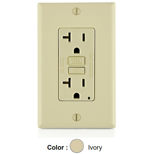 Leviton GFTR2-I, SmartlockPro Tamper-Resistant Slim Self-Test GFCI Duplex Receptacle, LED Indicator Light, 20 Amp Feed-Through, 20A 125V, NEMA 5-20R, Back & Side Wired, Self-Grounding, Ivory