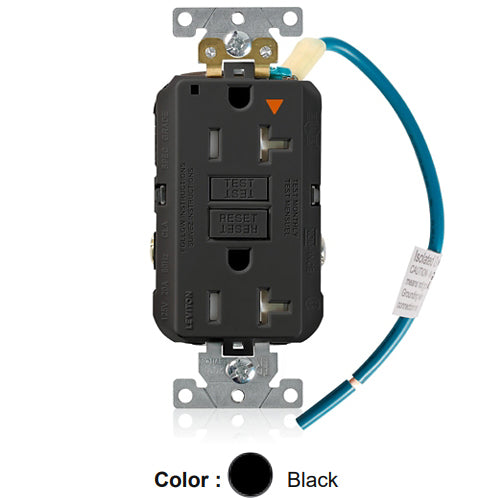 Leviton GFTR2-IGE, SmartlockPro Self-Test GFCI Duplex Receptacle, Tamper-Resistant, LED Power Indication, Isolated Ground, Extra Heavy-Duty Industrial Specification Grade, 20A 125V, NEMA 5-20R, 2-Pole, 3-Wire, Back and Side Wired, Black
