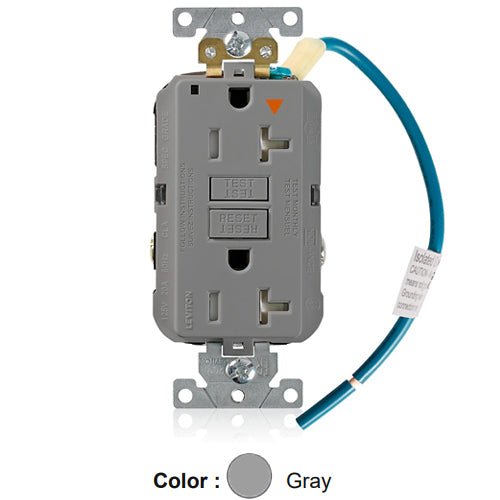 Leviton GFTR2-IGG, SmartlockPro Self-Test GFCI Duplex Receptacle, Tamper-Resistant, LED Power Indication, Isolated Ground, Extra Heavy-Duty Industrial Specification Grade, 20A 125V, NEMA 5-20R, 2-Pole, 3-Wire, Back and Side Wired, Gray