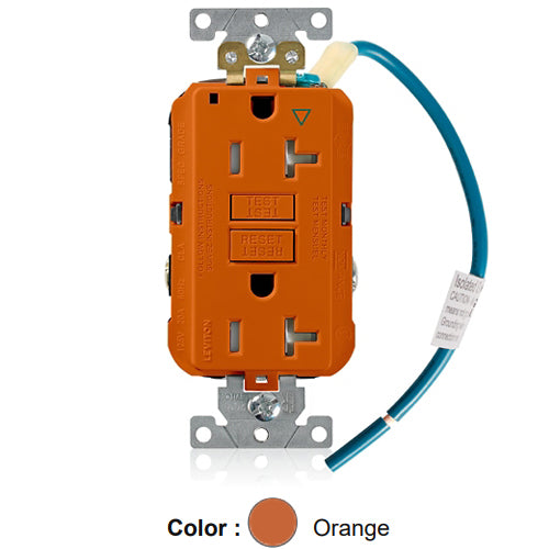 Leviton GFTR2-IGO, SmartlockPro Self-Test GFCI Duplex Receptacle, Tamper-Resistant, LED Power Indication, Isolated Ground, Extra Heavy-Duty Industrial Specification Grade, 20A 125V, NEMA 5-20R, 2-Pole, 3-Wire, Back and Side Wired, Orange