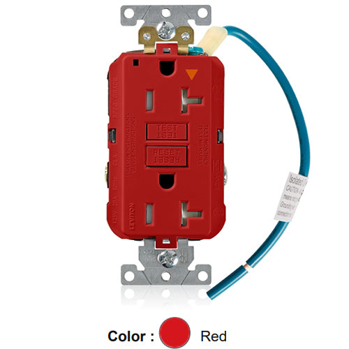 Leviton GFTR2-IGR, SmartlockPro Self-Test GFCI Duplex Receptacle, Tamper-Resistant, LED Power Indication, Isolated Ground, Extra Heavy-Duty Industrial Specification Grade, 20A 125V, NEMA 5-20R, 2-Pole, 3-Wire, Back and Side Wired, Red