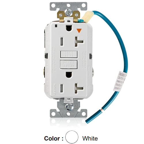 Leviton GFTR2-IGW, SmartlockPro Self-Test GFCI Duplex Receptacle, Tamper-Resistant, LED Power Indication, Isolated Ground, Extra Heavy-Duty Industrial Specification Grade, 20A 125V, NEMA 5-20R, 2-Pole, 3-Wire, Back and Side Wired, White