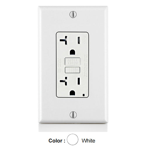 Leviton GFTR2-MW, SmartlockPro Self-Test GFCI Receptacle with Midway Sized Wallplate, Tamper-Resistant, 20A 125V, NEMA 5-20R, 2-Pole, 3-Wire, Back and Side Wired, Self-Grounding, White