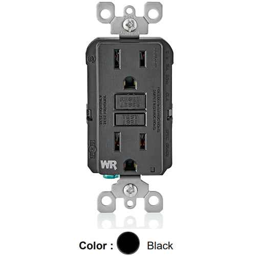 Leviton GFWR1-E, SmartlockPro Slim Self-Test GFCI Duplex Receptacle, Weather-Resistant, LED Indicator Light, 20 Amp Feed-Through, 15A 125V, NEMA 5-15R, Back & Side Wired, Black
