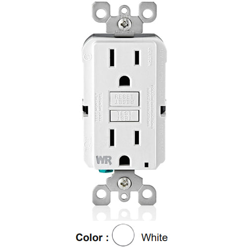 Leviton GFWR1-W, SmartlockPro Slim Self-Test GFCI Duplex Receptacle, Weather-Resistant, LED Indicator Light, 20 Amp Feed-Through, 15A 125V, NEMA 5-15R, Back & Side Wired, White
