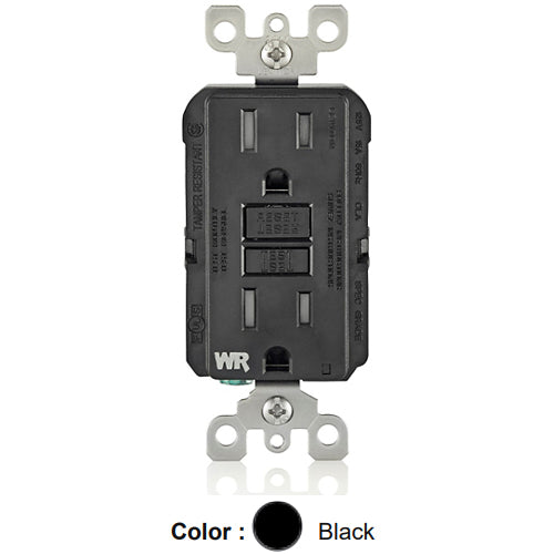 Leviton GFWT1-E, SmartlockPro Weather & Tamper-Resistant Slim Self-Test GFCI Duplex Receptacle, LED Indicator Light, 20 Amp Feed-Through, 15A 125V, NEMA 5-15R, Back & Side Wired, Black