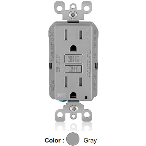 Leviton GFWT1-GY, SmartlockPro Weather & Tamper-Resistant Slim Self-Test GFCI Duplex Receptacle, LED Indicator Light, 20 Amp Feed-Through, 15A 125V, NEMA 5-15R, Back & Side Wired, Gray