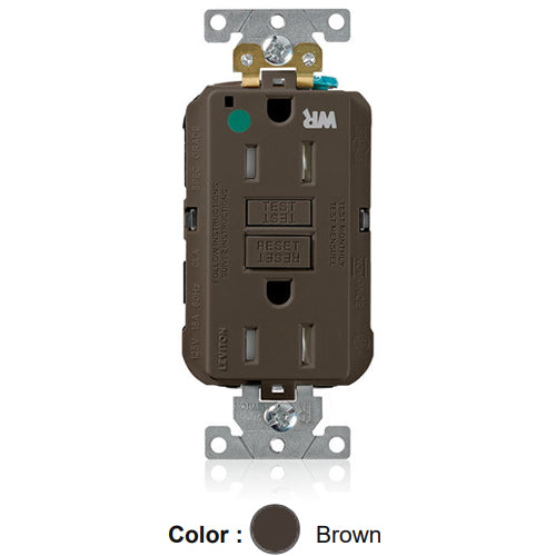 Leviton GFWT1-HG, SmartlockPro Self-Test GFCI Duplex Receptacle, Weather & Tamper-Resistant, LED Indicator Light, Extra Heavy-Duty Hospital Grade, Wallplate Included, 15A 125V, NEMA 5-15R, 2-Pole, 3-Wire, Self-Grounding, Brown