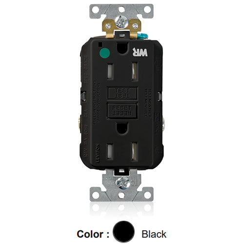 Leviton GFWT1-HGE, SmartlockPro Self-Test GFCI Duplex Receptacle, Weather & Tamper-Resistant, LED Indicator Light, Extra Heavy-Duty Hospital Grade, Wallplate Included, 15A 125V, NEMA 5-15R, 2-Pole, 3-Wire, Self-Grounding, Black