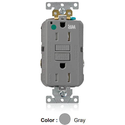 Leviton GFWT1-HGG, SmartlockPro Self-Test GFCI Duplex Receptacle, Weather & Tamper-Resistant, LED Indicator Light, Extra Heavy-Duty Hospital Grade, Wallplate Included, 15A 125V, NEMA 5-15R, 2-Pole, 3-Wire, Self-Grounding, Gray