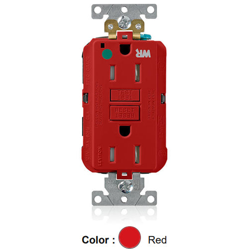 Leviton GFWT1-HGR, SmartlockPro Self-Test GFCI Duplex Receptacle, Weather & Tamper-Resistant, LED Indicator Light, Extra Heavy-Duty Hospital Grade, Wallplate Included, 15A 125V, NEMA 5-15R, 2-Pole, 3-Wire, Self-Grounding, Red