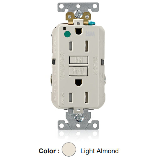 Leviton GFWT1-HGT, SmartlockPro Self-Test GFCI Duplex Receptacle, Weather & Tamper-Resistant, LED Indicator Light, Extra Heavy-Duty Hospital Grade, Wallplate Included, 15A 125V, NEMA 5-15R, 2-Pole, 3-Wire, Self-Grounding, Light Almond