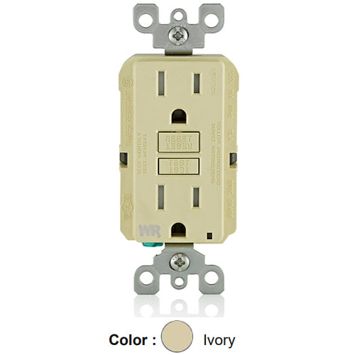 Leviton GFWT1-I, SmartlockPro Weather & Tamper-Resistant Slim Self-Test GFCI Duplex Receptacle, LED Indicator Light, 20 Amp Feed-Through, 15A 125V, NEMA 5-15R, Back & Side Wired, Ivory