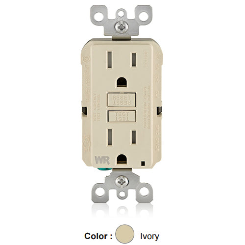 Leviton GFWT1-T, SmartlockPro Weather & Tamper-Resistant Slim Self-Test GFCI Duplex Receptacle, LED Indicator Light, 20 Amp Feed-Through, 15A 125V, NEMA 5-15R, Back & Side Wired, Light Almond