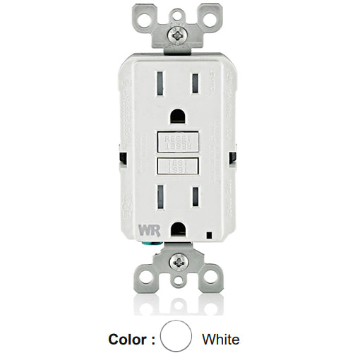 Leviton GFWT1-W, SmartlockPro Weather & Tamper-Resistant Slim Self-Test GFCI Duplex Receptacle, LED Indicator Light, 20 Amp Feed-Through, 15A 125V, NEMA 5-15R, Back & Side Wired, White
