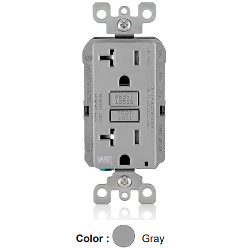 Leviton GFWT2-GY, SmartlockPro Slim Self-Test GFCI Duplex Receptacle, Weather-Resistant, LED Indicator Light, 20 Amp Feed-Through, 20A 125V, NEMA 5-20R, Back & Side Wired, Gray