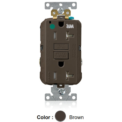 Leviton GFWT2-HG, SmartlockPro Self-Test GFCI Duplex Receptacle, Weather & Tamper-Resistant, LED Indicator Light, Extra Heavy-Duty Hospital Grade, Wallplate Included, 20A 125V, NEMA 5-20R, 2-Pole, 3-Wire, Self-Grounding, Brown