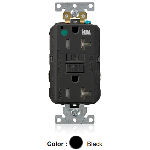 Leviton GFWT2-HGE, SmartlockPro Self-Test GFCI Duplex Receptacle, Weather & Tamper-Resistant, LED Indicator Light, Extra Heavy-Duty Hospital Grade, Wallplate Included, 20A 125V, NEMA 5-20R, 2-Pole, 3-Wire, Self-Grounding, Black