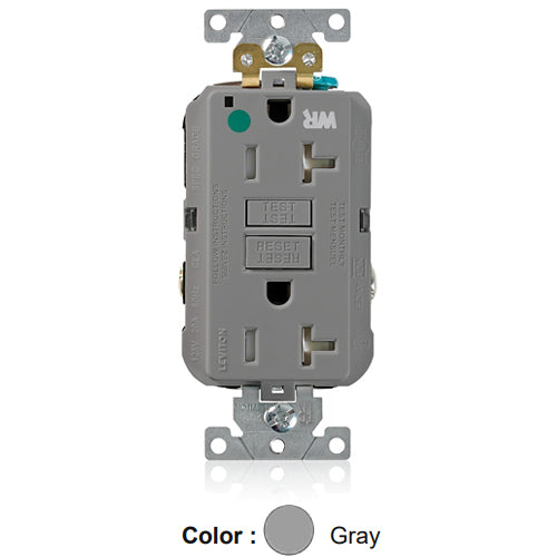 Leviton GFWT2-HGG, SmartlockPro Self-Test GFCI Duplex Receptacle, Weather & Tamper-Resistant, LED Indicator Light, Extra Heavy-Duty Hospital Grade, Wallplate Included, 20A 125V, NEMA 5-20R, 2-Pole, 3-Wire, Self-Grounding, Gray