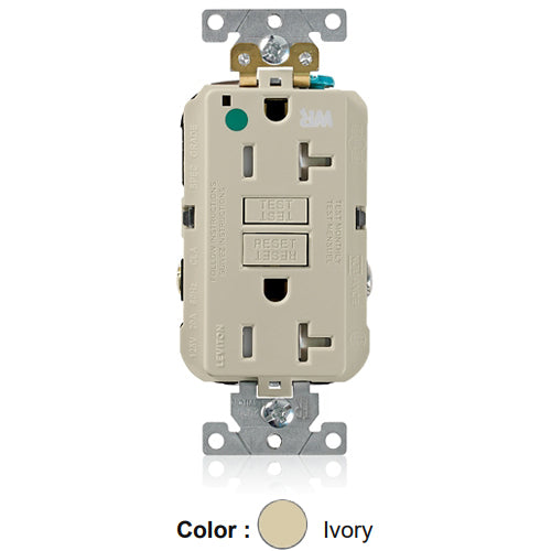 Leviton GFWT2-HGI, SmartlockPro Self-Test GFCI Duplex Receptacle, Weather & Tamper-Resistant, LED Indicator Light, Extra Heavy-Duty Hospital Grade, Wallplate Included, 20A 125V, NEMA 5-20R, 2-Pole, 3-Wire, Self-Grounding, Ivory