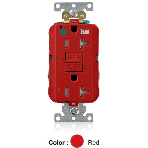 Leviton GFWT2-HGR, SmartlockPro Self-Test GFCI Duplex Receptacle, Weather & Tamper-Resistant, LED Indicator Light, Extra Heavy-Duty Hospital Grade, Wallplate Included, 20A 125V, NEMA 5-20R, 2-Pole, 3-Wire, Self-Grounding, Red