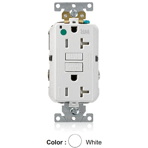 Leviton GFWT2-HGW, SmartlockPro Self-Test GFCI Duplex Receptacle, Weather & Tamper-Resistant, LED Indicator Light, Extra Heavy-Duty Hospital Grade, Wallplate Included, 20A 125V, NEMA 5-20R, 2-Pole, 3-Wire, Self-Grounding, White
