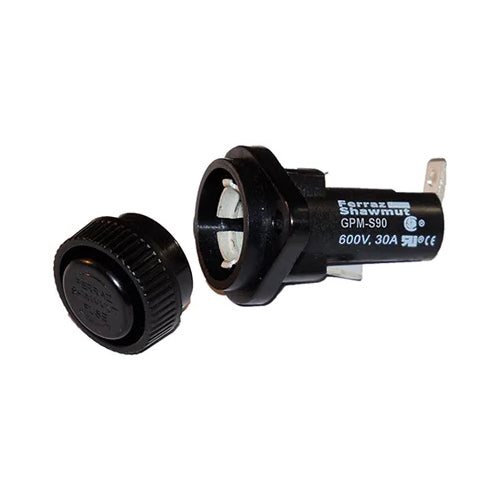 Mersen GPM-S90, GPM Series 30A Panel Mount Fuse Holder Midget, 600VAC/DC, 1-Pole, 1/4” Quick-connect/Solder, Right Angle Terminal, 90 angle Screw Knob