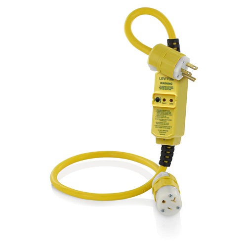Leviton GSCM2-3C, Self-Test Manual Reset GFCI Cord Set, 3 Foot, 12/3 SJTW Cord, 20 Amp, 120 VAC, Molded on Straight Blade Plug 5366-CY (5-20P) and Connector 5369-CY (5-20R), Yellow